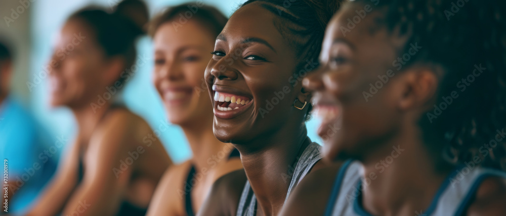 Shared laughter in a yoga session, where each smile tells a story of joy, wellness, and community spirit Shared laughter in a yoga session, where each smile tells a story of joy, wellness, and community spirit