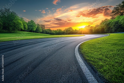 Empty race track and green woods nature landscape at sunset