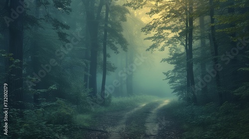 Dawn s golden light filters through a misty forest  illuminating a winding path with a magical glow.