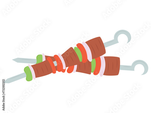Georgian shish kebab in flat. Tasty skewered kebab with tomato, onion and greens .Take away food isolated on white background