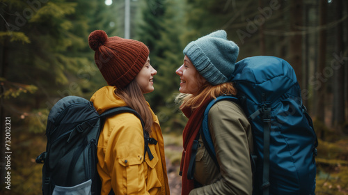Happy LGBTQ lesbian couple travelers enjoy hiking with backpacks in forest trail