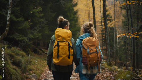 Happy LGBTQ lesbian couple travelers enjoy hiking with backpacks in forest trail © Nuchylee