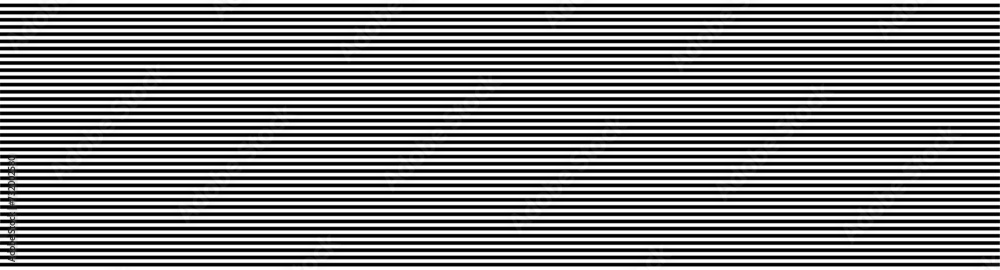 Black and white monochrome horizontal stripes pattern. Wide banner. Simple design for background. Uniform lines in contrasting tones creating visual rhythm and balance. Optical illusion. Vector. - obrazy, fototapety, plakaty 