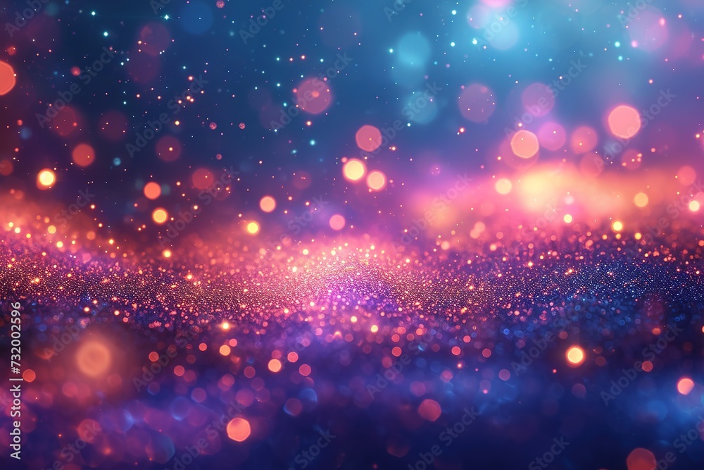 Glittering gradient background with hologram effect and magic lights. Holographic abstract fantasy backdrop with fairy sparkles, gold stars and festive blurs.