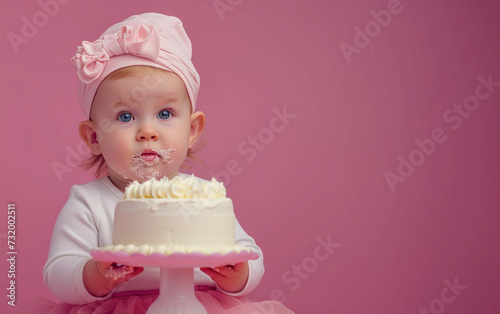 Baby girl with Birthday cake showing dessert on solid color background with copyspace for text