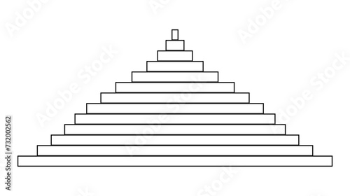 Black step pyramid on white background. Pyramid consisting of horizontal rectangles. Black outline. Triangle. Simple geometric design. Logo  icon  pictogram. Vector on a white background