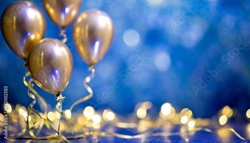 Festive Celebration Background with Helium Balloons, blue background copy space 