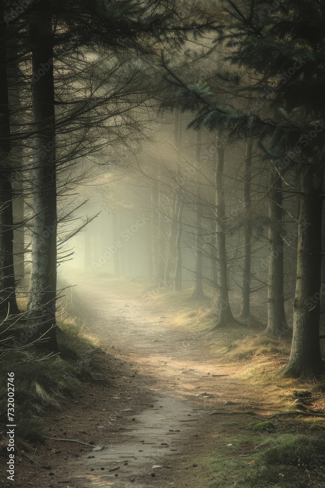 Morning sun rays pierce through the mist in a coniferous forest, creating a mystical ambiance on a tranquil path.