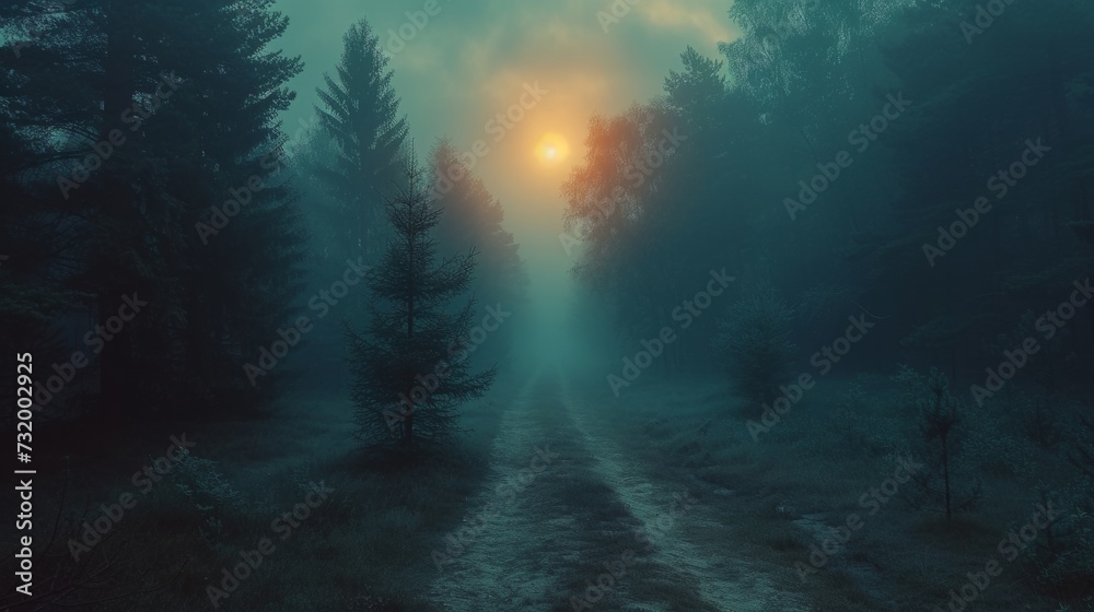 Morning sun rays pierce through the mist in a coniferous forest, creating a mystical ambiance on a tranquil path. Morning sun rays pierce through the mist in a coniferous forest, creating a mystical ambiance on a tranquil path.