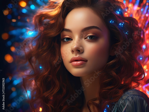 Digital painting of a red-haired woman  her eyes and hair in focus. Set against a vibrant  illuminated background of glowing lights  creating a dynamic atmosphere.