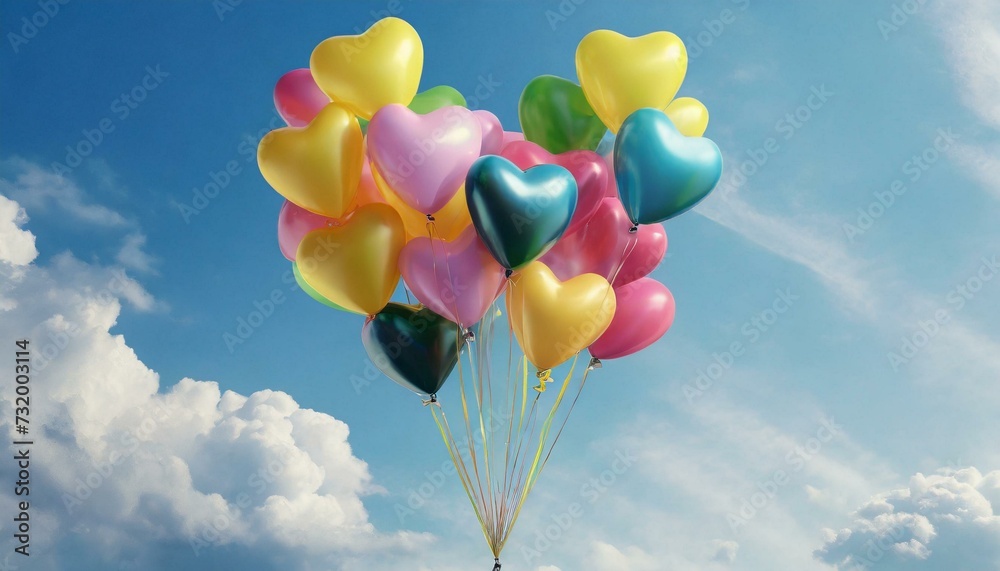 Colorful heart-shaped balloons flying against a blue Sky background	
