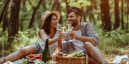 Couple, picnic and wine glass in nature with love, celebration and summer date or romance for valentines day. Young people with food, fruits and bottle of champagne in woods or forest on anniversary