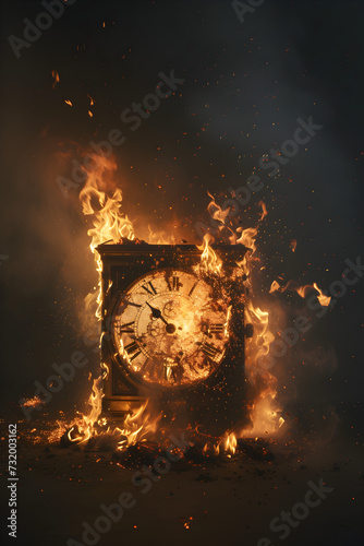 A minimalist composition of a clock on fire, emphasizing the destructive force of time, with deep shadows and glowing embers