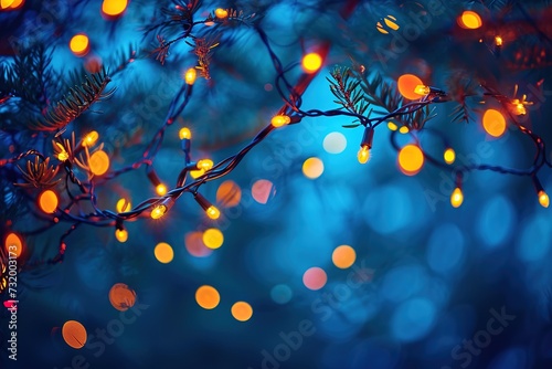 holiday, illumination and decoration concept - bokeh of christmas garland lights over dark blue background