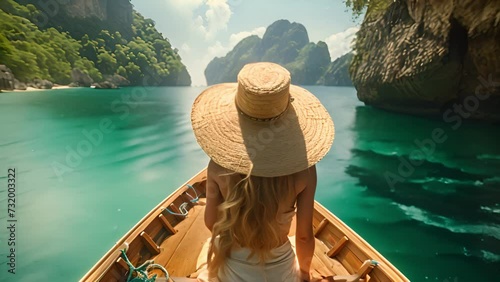 Beautiful woman sitting on long tail boat wearing straw hat on tropical blue lagoon. Women at the Tropical lagoon beach of Koh Loa Lading Krabi Thailand part of the Koh Hong Islands in Thailand.  photo