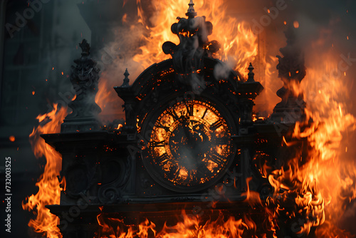A dark and mysterious photograph of a clock engulfed in flames, highlighting the intricate details of the burning mechanism