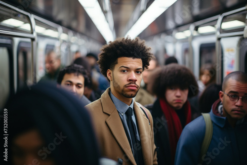 Black businessman commuting to the work using NYC subway train