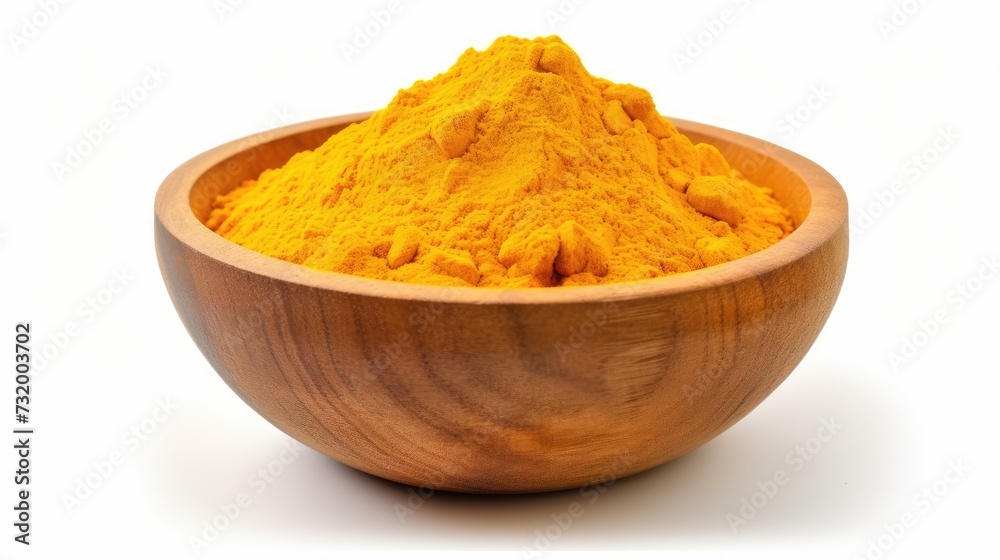 turmeric with yellow powder in a wooden bowl isolated on a white background, front view turmeric with yellow powder in a wooden bowl isolated on a white background, front view