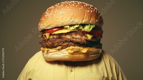 Fat man with cheeseburger head. Concept of fast food, unhealthy eating, appetite, surreal art, and humor.