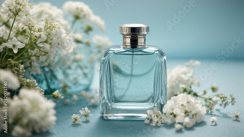  Perfume Glass Bottle and White Jasmine Flowers on Pebbles