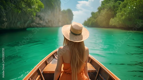 Beautiful woman sitting on long tail boat wearing straw hat on tropical blue lagoon. Women at the Tropical lagoon beach of Koh Loa Lading Krabi Thailand part of the Koh Hong Islands in Thailand.  photo
