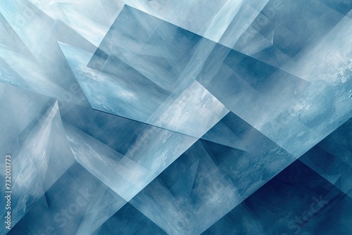 modern abstract blue background design with layers of textured white transparent material in triangle diamond and squares shapes in random geometric pattern