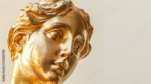 Gold sculpture of female head on light solid background. Banner with copy space. Concept of classical art, sculpture, golden statue, artistry, elegance, luxury decor.