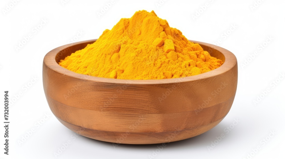 turmeric with yellow powder in a wooden bowl isolated on a white background, front view turmeric with yellow powder in a wooden bowl isolated on a white background, front view