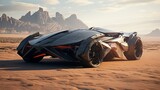 Futuristic black sports car in a desert landscape of an alien planet. Concept of innovation, speed, luxury vehicles, and technology. Extraterrestrial automobile