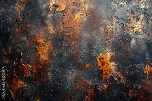 Modern old grunge metal background with corroded metal structure with scratches in black, brown and orange colors, industrial and vintage style