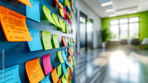 Collaborative Office Strategy, Colorful Sticky Notes on a Planning Board, Teamwork and Brainstorming Session © Nilima