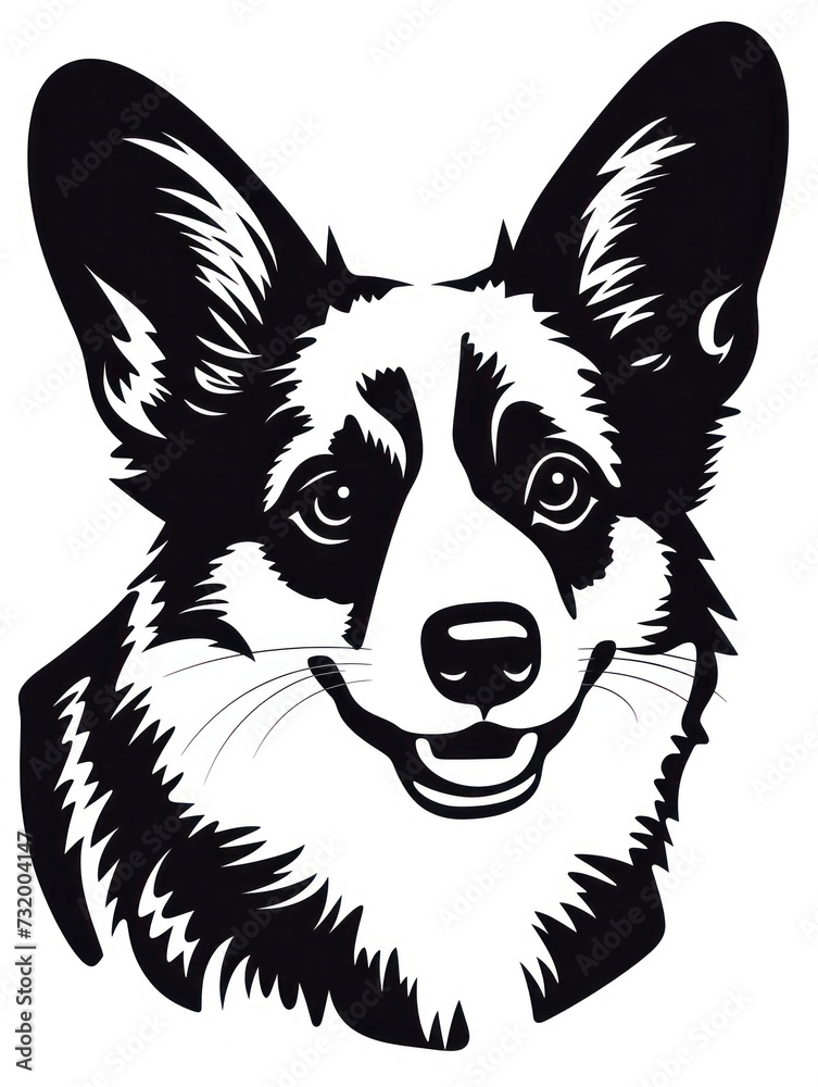 A black and white image of a corgi's head. The dog has a big smile and large ears.