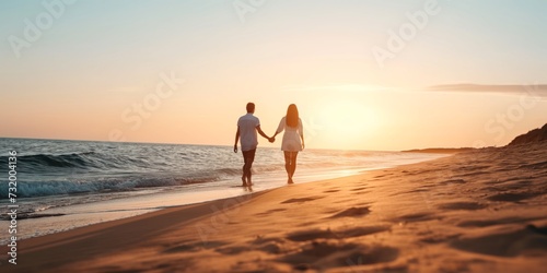 Beach  sunset and couple holding hands with love  support and relationship security on summer holiday in Portugal. Mockup space  sand and back of partner  soulmate or people on evening walk together