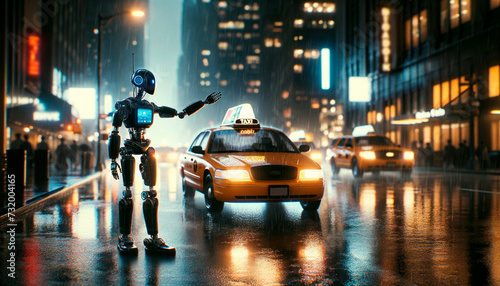 Futuristic Fare: A Robot Hails a Taxi on a Rainy NYC Evening