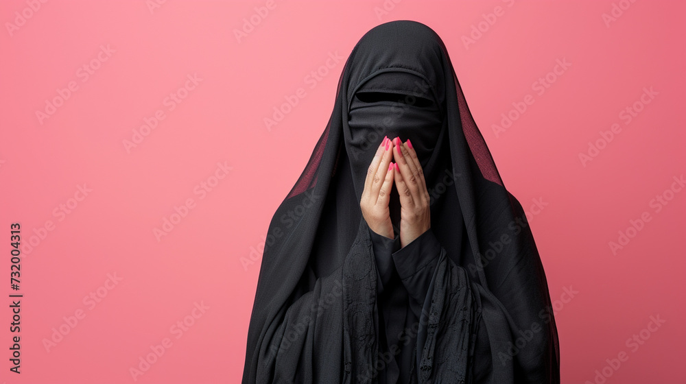Echoes of Remorse: Woman in Islamic Thobe Conveying Regret and Remorse, Isolated Against Solid Background with Copy Space Echoes of Remorse: Woman in Islamic Thobe Conveying Regret and Remorse, Isolated Against Solid Background with Copy Space