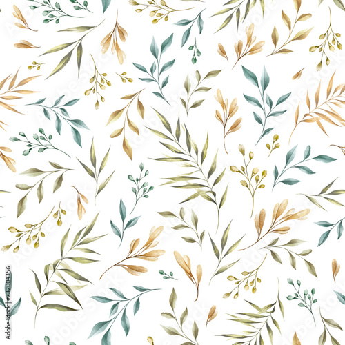 Seamless watercolor floral and botanical pattern with small delicate branches and leaves. seamless botanical background