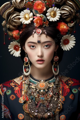 A close-up of a Korean model with intricate traditional-inspired accessories, showcasing the fine details of Korean fashion craftsmanship.