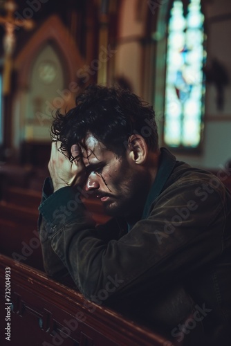 A lonely man praying in a quiet church. 