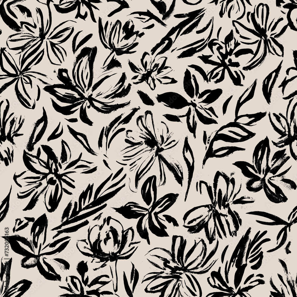 Floral pattern, monochrome flowers pattern, textile print.