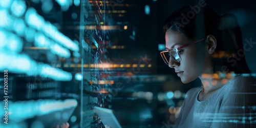 Software, coding hologram and woman on tablet thinking of data analytics, digital technology and night overlay. Programmer or IT person in glasses on 3d screen, programming and cybersecurity research photo