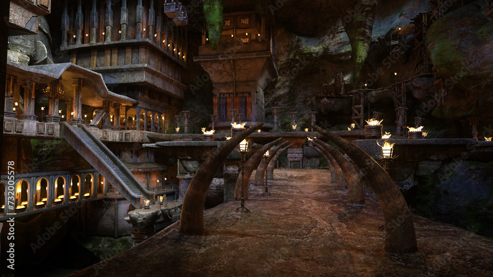 Huge dark cavernous home of fantasy dwarves built inside a mountain. 3D illustration.