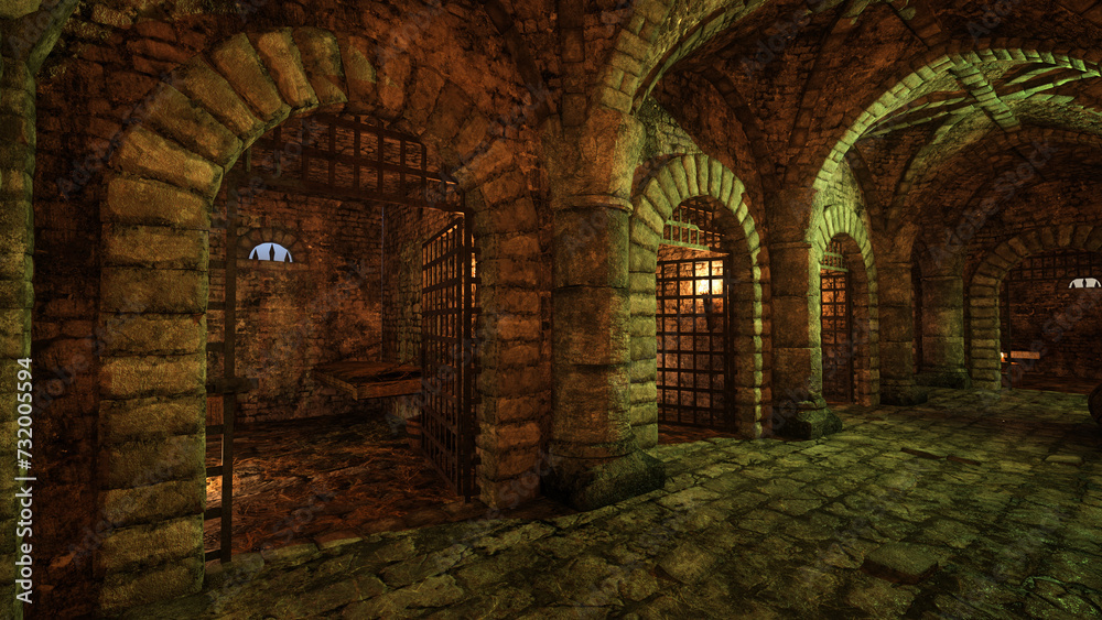 Row of empty prison cells in an old medieval dungeon passage. 3D illustration.