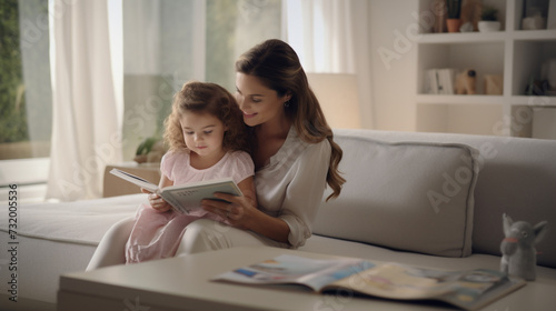 Mother read her daughter a story on a couch teaches kid homework day time home school
