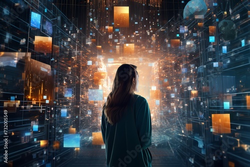 A cinematic glimpse into the futurea   a woman immersed in a high-tech setting  surrounded by intricately connected databases  captured in stunning modern HD clarity.