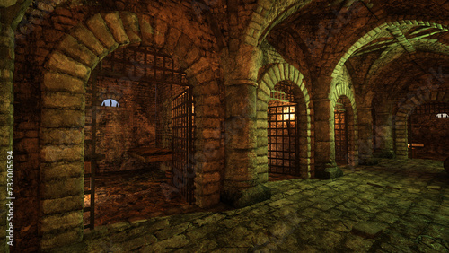 Row of empty prison cells in an old medieval dungeon passage. 3D illustration.
