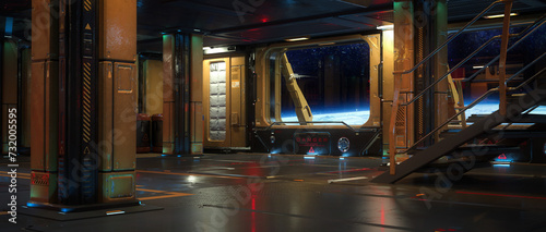 Fototapeta Naklejka Na Ścianę i Meble -  Cinematic wide view of a planet in space through the window of a space ship. Sci-fi fantasy 3D render.