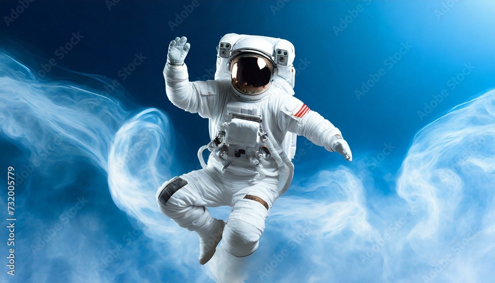Fototapeta premium Dancing astronaut on the background of the blue background 