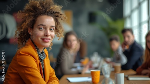 Curly young woman in a orange suit, in a meeting room with coworkers