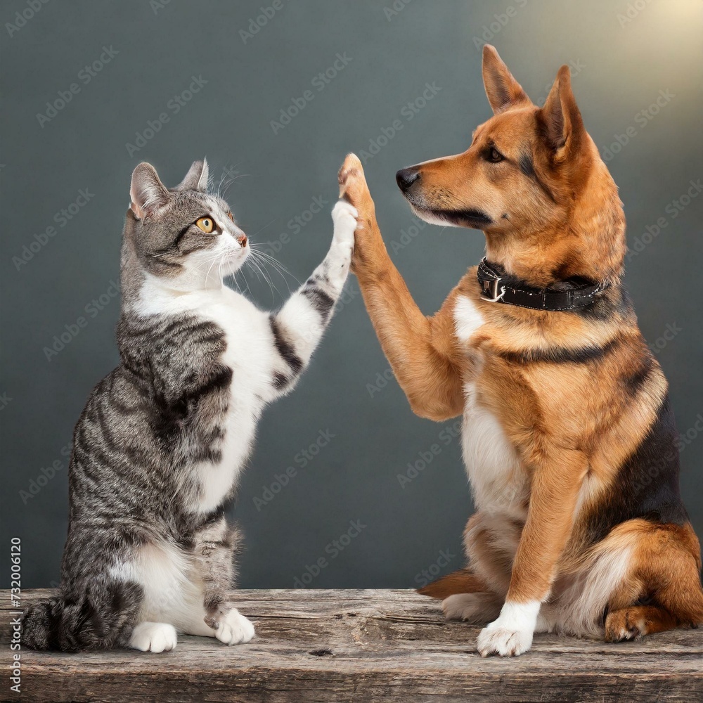 Cat and Dog Making a High-five Cat and Dog Making a High-five