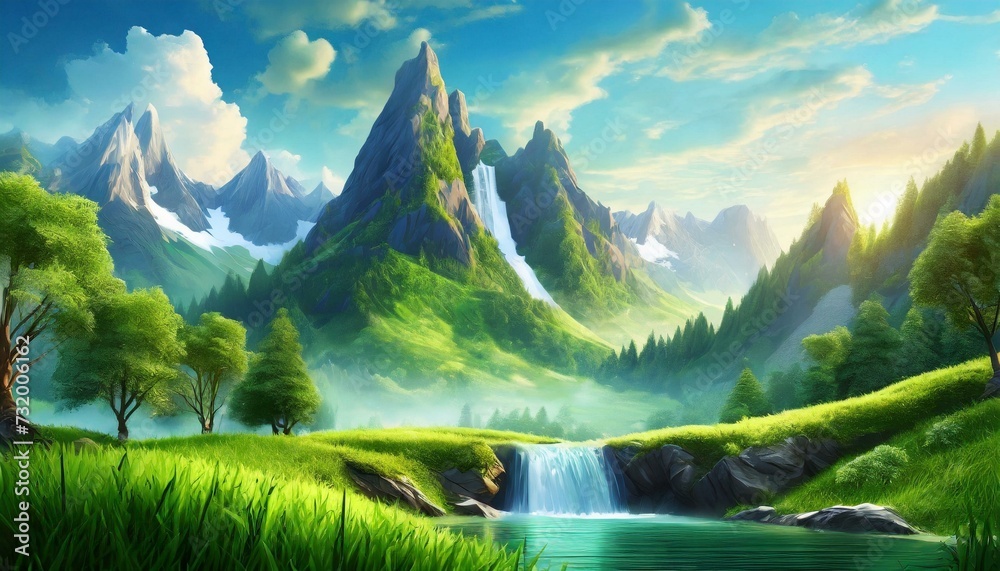 Obraz premium 3d landscape with green grass surface, waterfall and trees, mountains